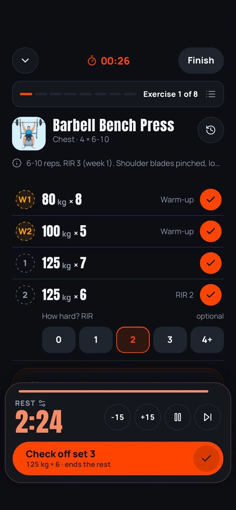 An active workout on Barbell Bench Press, exercise 1 of 8: two warm-up sets of 80 kg x 8 and 100 kg x 5, working sets of 125 kg x 7 and 125 kg x 6 at RIR 2, and a 2:24 rest timer