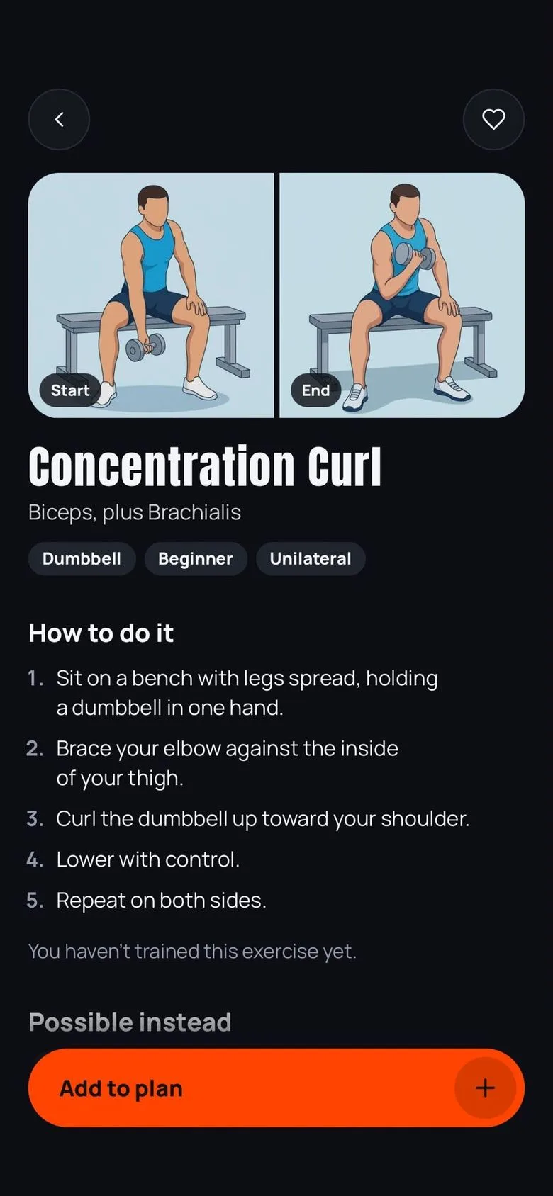 Concentration Curl with illustrated start and end positions, biceps and brachialis, dumbbell, beginner, and five numbered steps under How to do it