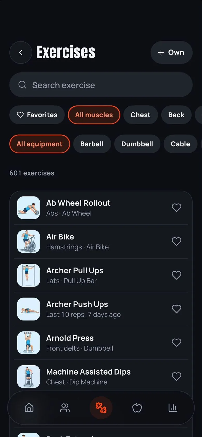 The exercise library with a search field, filters for muscles and equipment, 601 exercises and a list starting with Ab Wheel Rollout, Air Bike and Archer Pull Ups