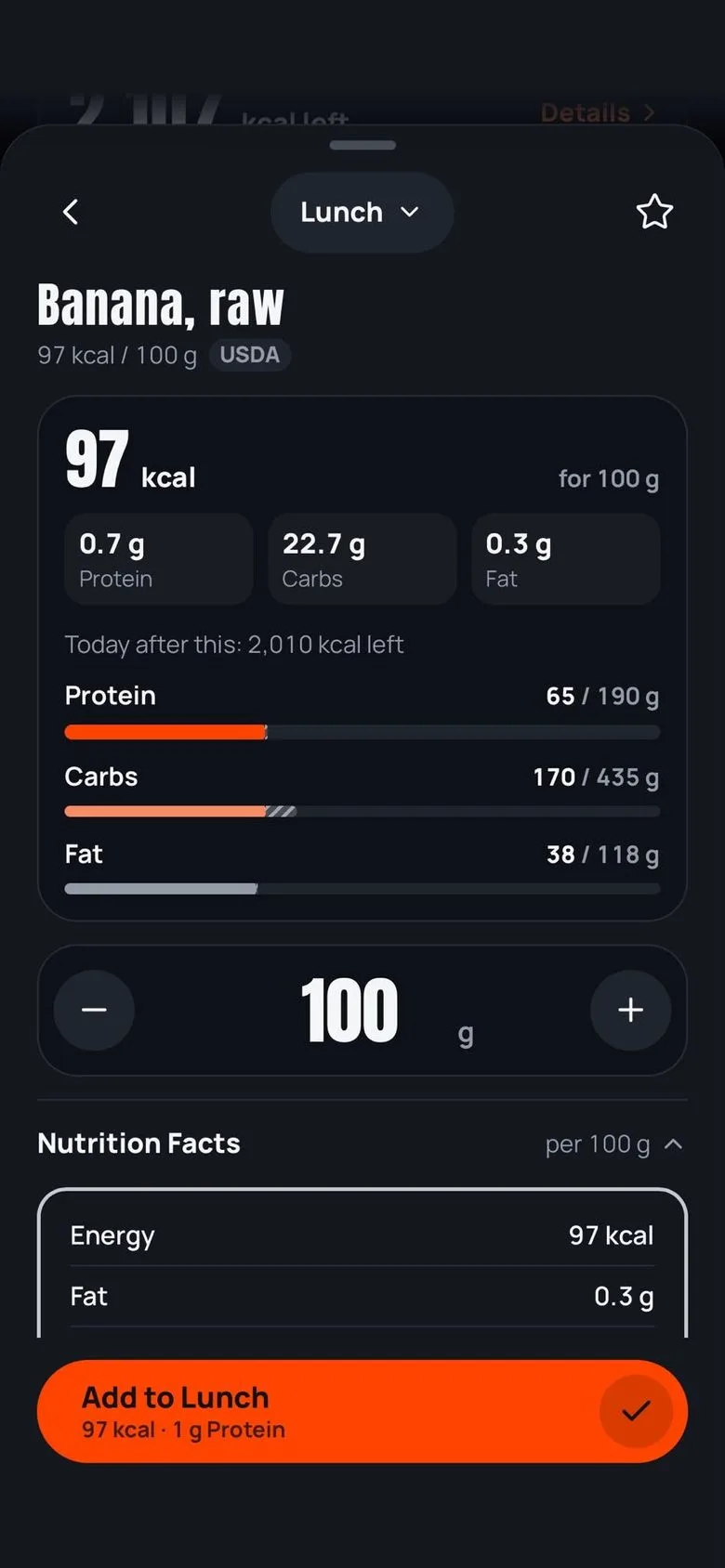 Adding Banana, raw to lunch: 100 g, 97 kcal with 0.7 g protein, 22.7 g carbs and 0.3 g fat, the day's protein, carbs and fat against their goals, and nutrition facts per 100 g