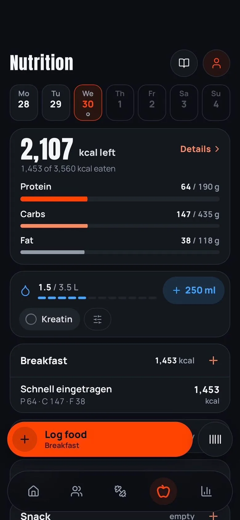 Today in the Nutrition tab: 2,107 kcal left of 3,560 and protein, carbs and fat against their goals