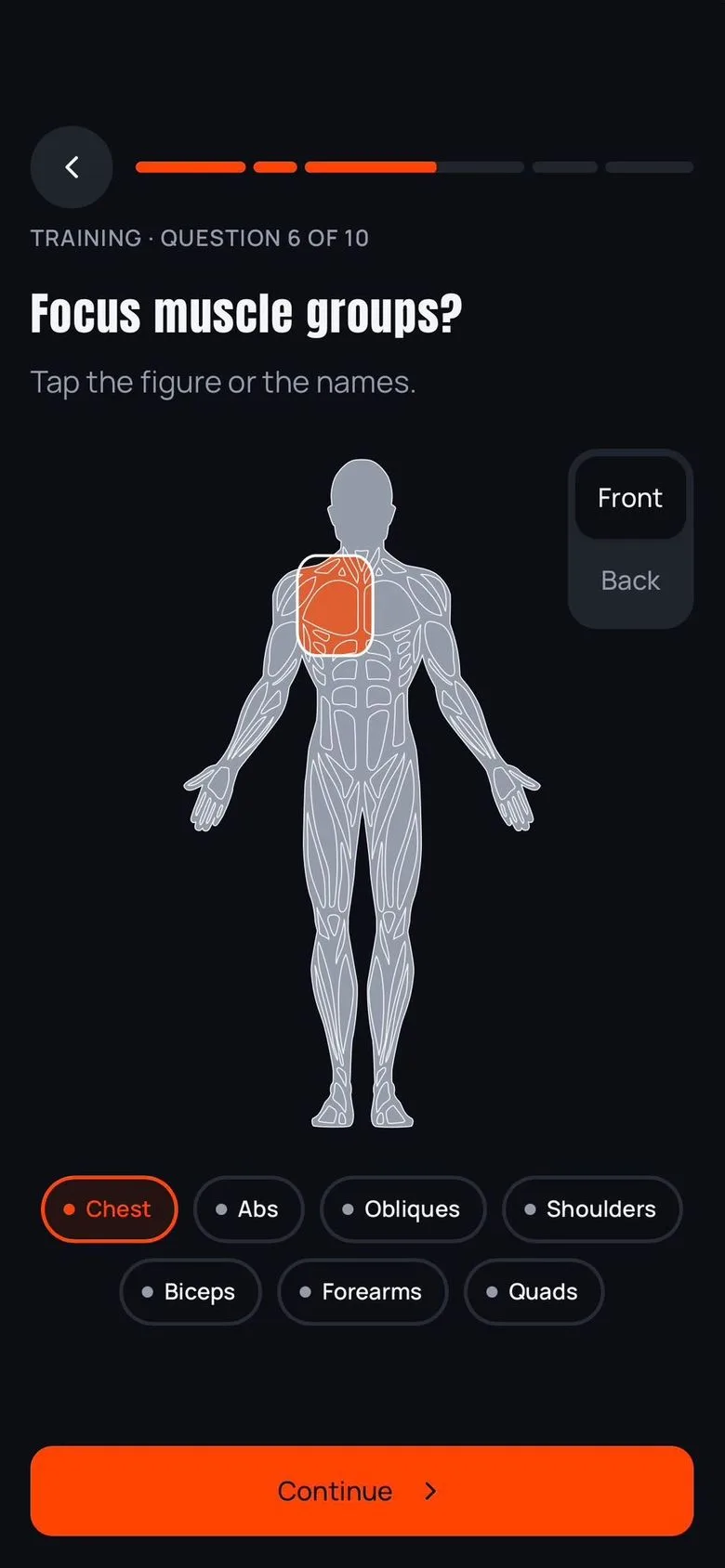 Onboarding question 6 of 10, Focus muscle groups?, with the chest selected on a front-view body figure
