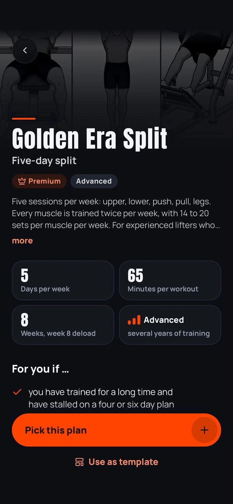 The Golden Era Split plan: a five-day split for advanced lifters, 5 days per week, 65 minutes per workout, 8 weeks with a deload in week 8, and a Pick this plan button